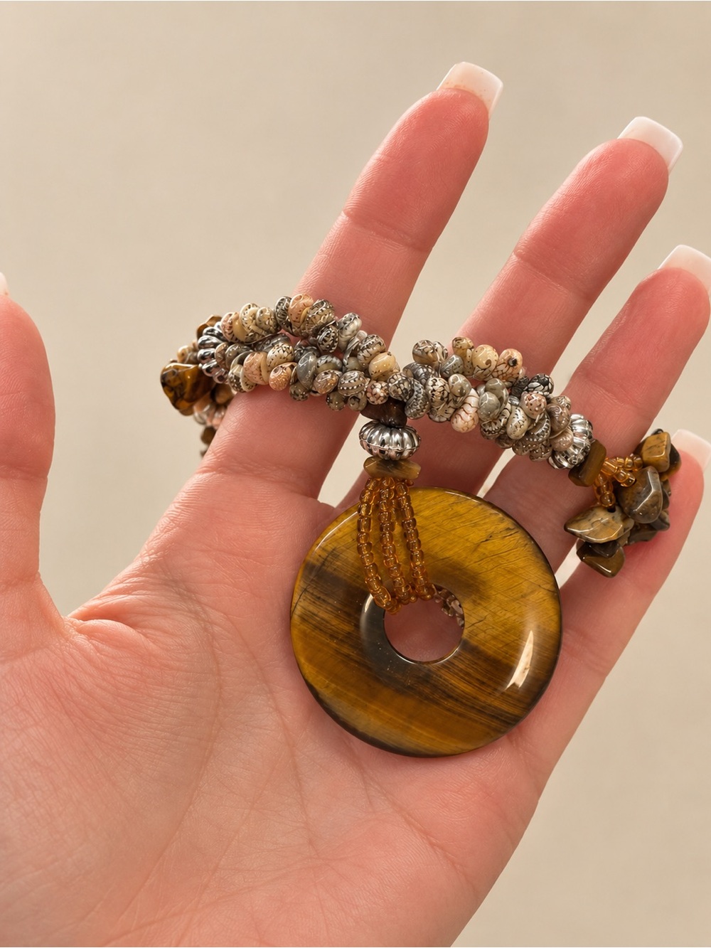 Vintage Boho Tiger’s Eye Statement Necklace – Beaded Brown Stone Pendant Jewelry